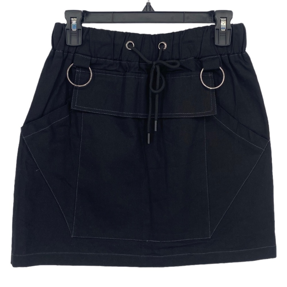 Carmar Denim Skirt US 8 Black Mini Pockets Silver Rings Elastic Drawstring Waist
